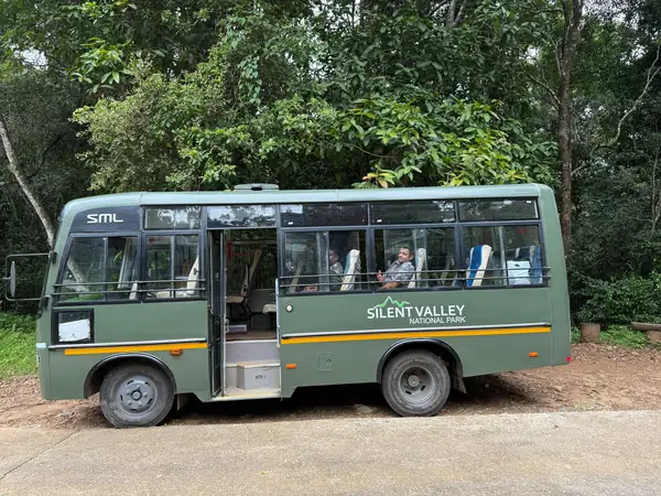 Green Silent Valley National Park forest department bus at Mukkali